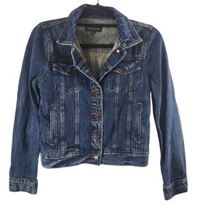 J. Crew Indigo Denim Jacket XS Womens Button Front Blue Dark Wash Coat Long Slee